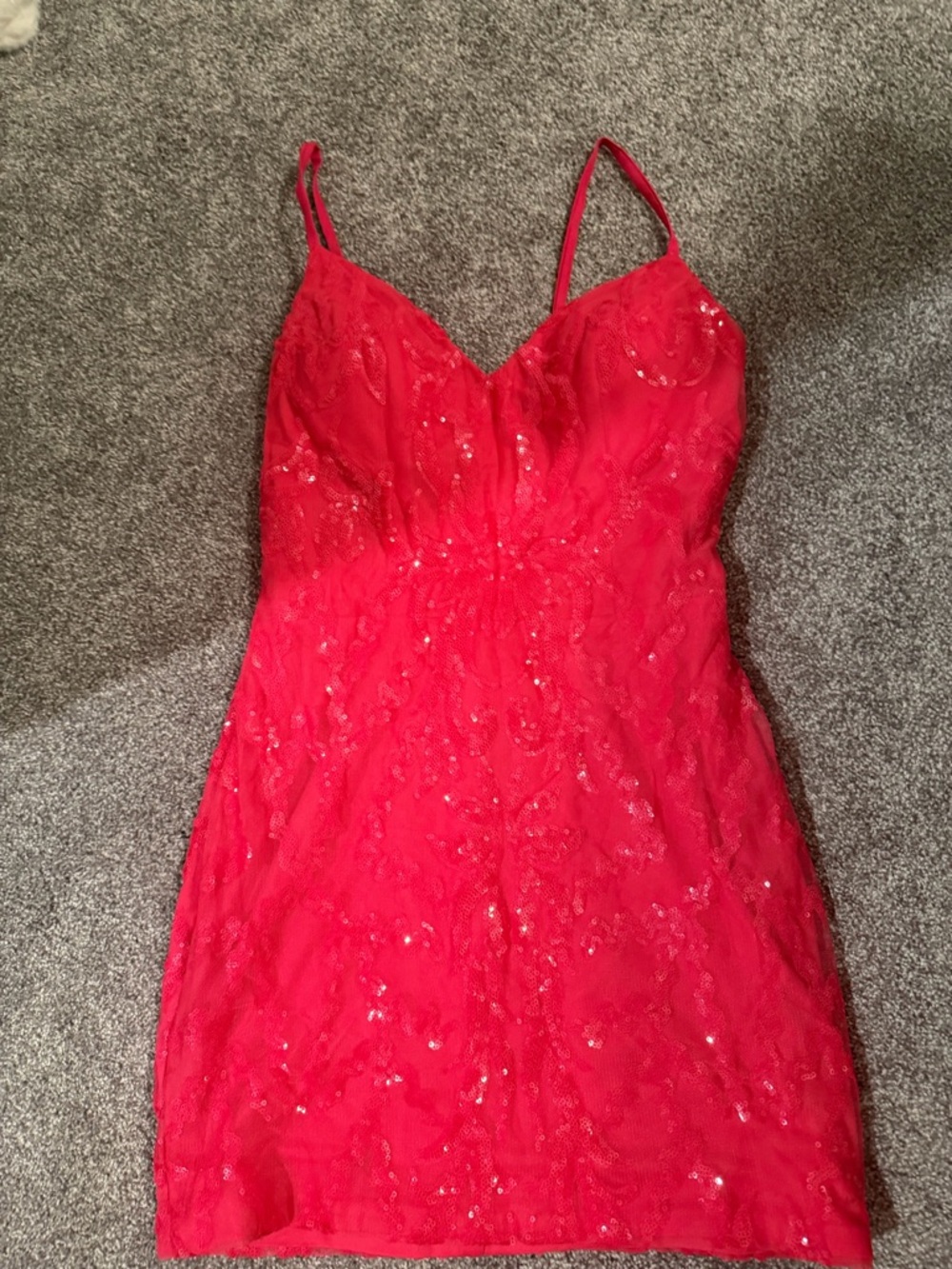 Pink/Red Sequin Lace Spaghetti Strap Mini Dress